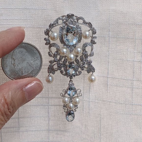 18K/Diamond/Aqua/Pearl Brooch Victorian Style - Picture 13 of 15